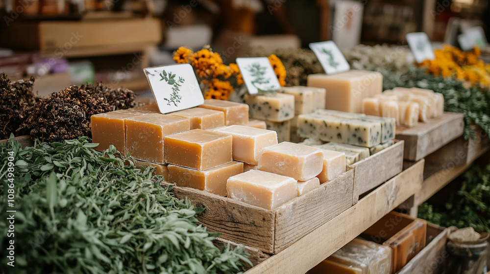 A cheerful market stall filled with handmade soaps, wrapped in eco-friendly packaging and surrounded by dried herbs and natural ingredients A cheerful market stall filled with handmade soaps, wrapped in eco-friendly packaging and surrounded by dried herbs and natural ingredients