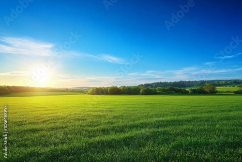 Beautiful landscape vast green field bright blue sky Background of a summer