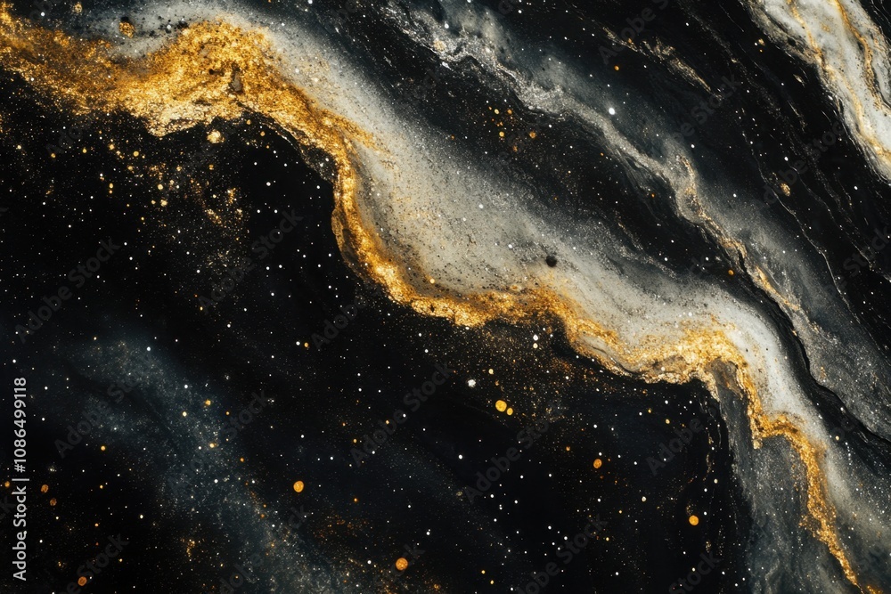Abstract black, white, and gold swirl with glitter. Abstract black, white, and gold swirl with glitter.