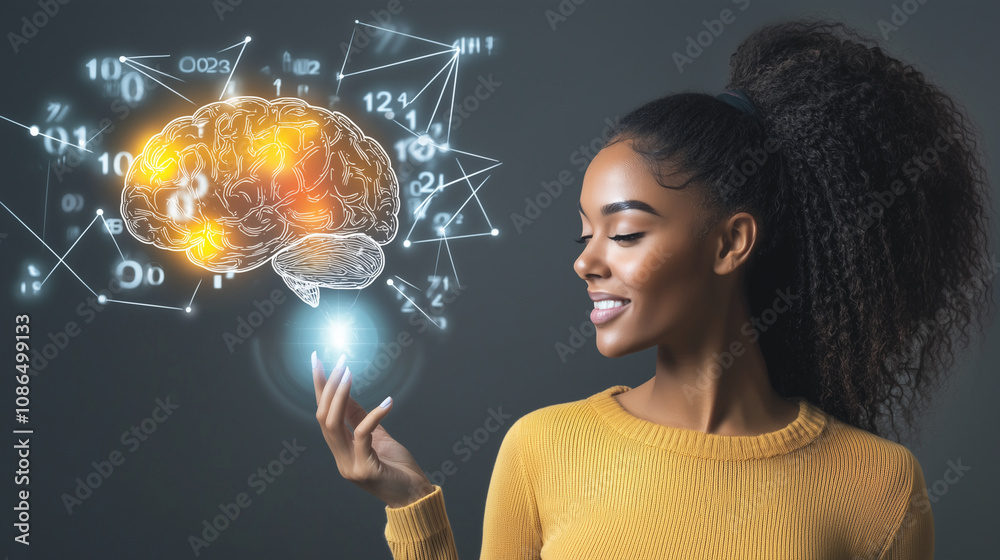 Young Black woman illuminated by a holographic brain representing creativity, innovative thought processes, and data analysis, offering room for branding or textual customization Young Black woman illuminated by a holographic brain representing creativity, innovative thought processes, and data analysis, offering room for branding or textual customization