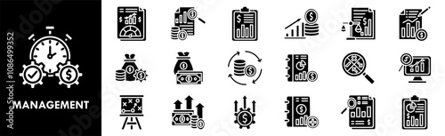 Management icon collection set. Containing design business, technology, strategy, project, office, work, planning