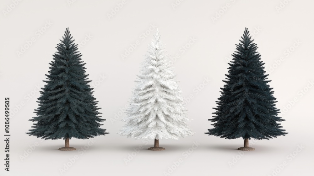 Obraz premium Three Christmas Trees Dark Green White and Black Spruce Holiday Decor Winter