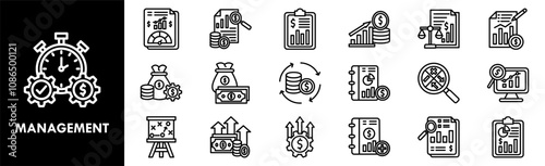 Management icon collection set. Containing design business, technology, strategy, project, office, work, planning