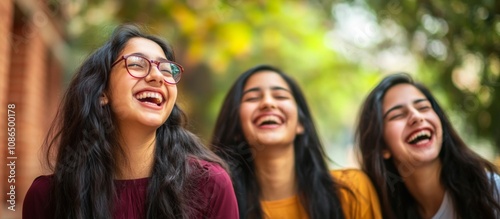 Group four young women standing close together laughing Joyful Indian Asian college