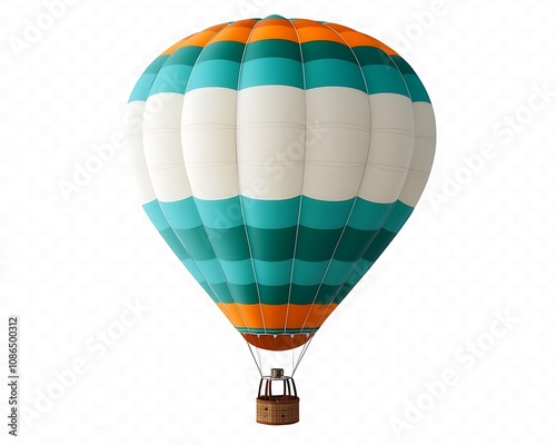 A unique hot-air balloon with bold stripes in teal, white, and orange isolated on transparent background, ideal for travel visuals