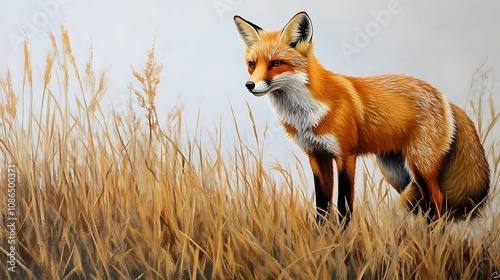 Red Fox Standing Tall in a Field of Golden Grass AI Generated