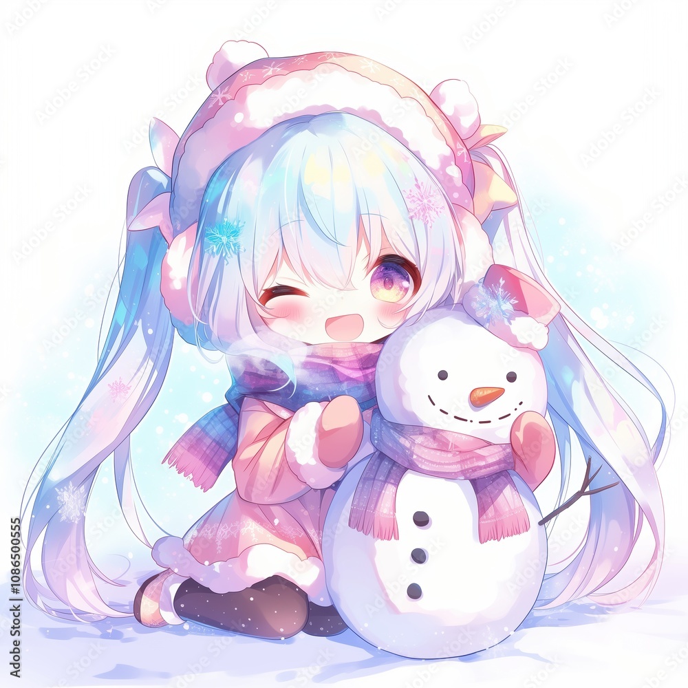雪だるまを抱きしめるアニメの女の子 雪だるまを抱きしめるアニメの女の子