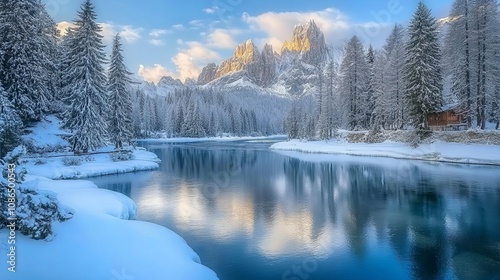 serene river reflects snow capped mountains and tall pine trees