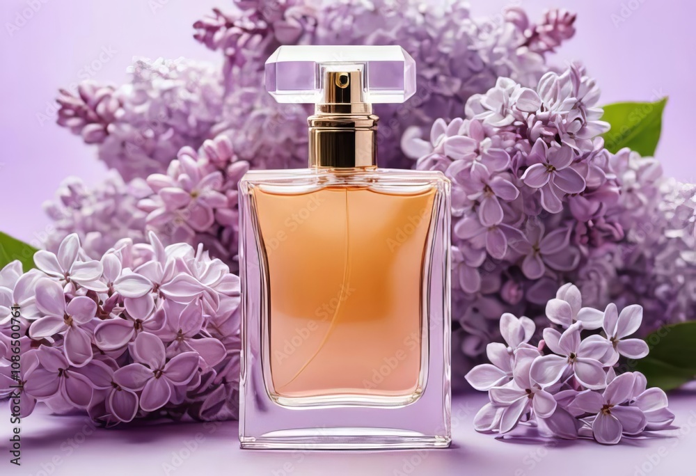 A bottle of perfume surrounded by lilac flowers A bottle of perfume surrounded by lilac flowers