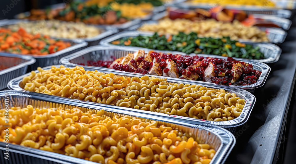 Thanksgiving dinner at a community center lined on a table. food served in disposable aluminum trays. baked macaroni and cheese, turkey, greens, candied yams, and slices of canned cranberry sauce. Thanksgiving dinner at a community center lined on a table. food served in disposable aluminum trays. baked macaroni and cheese, turkey, greens, candied yams, and slices of canned cranberry sauce.