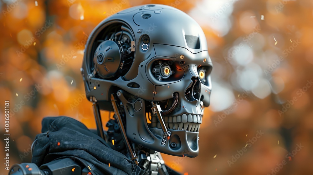 Fototapeta premium A mechanical humanoid robot with a skeletal structure and sophisticated technology stands against a backdrop of autumn foliage.
