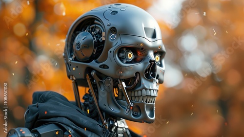 A mechanical humanoid robot with a skeletal structure and sophisticated technology stands against a backdrop of autumn foliage.