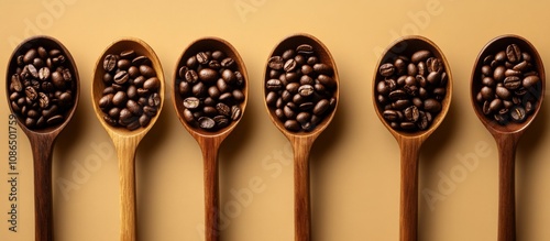 Six wooden spoons arranged row beige background Each Bird s eye view