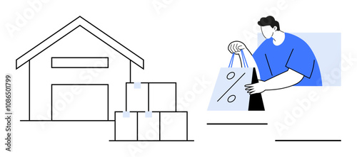 Warehouse with stacked boxes and man holding shopping bag. Ideal for e-commerce, delivery services, supply chain management, logistics, online shopping, retail business, and inventory management