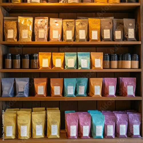 Display of Gourmet Coffee Varieties on a Rack