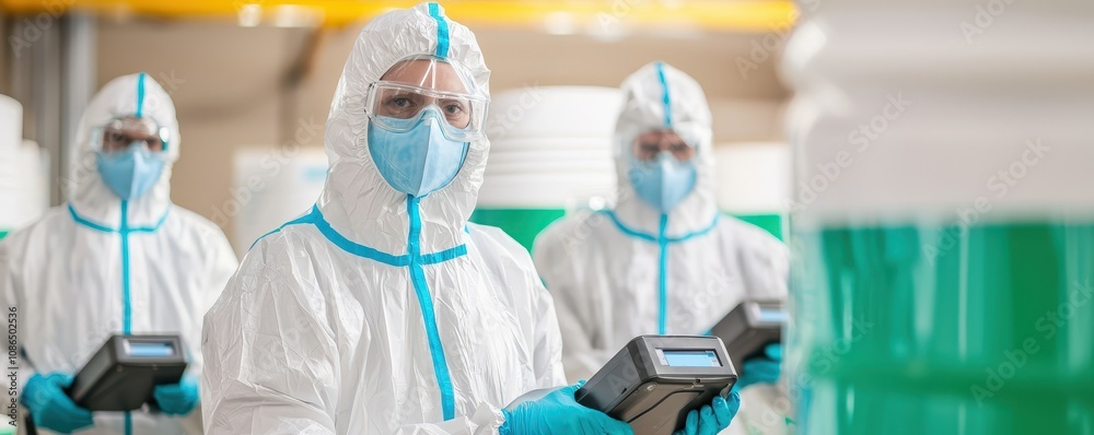Professionals in protective gear conduct work in a clean facility, ensuring safety and precision in their tasks. Professionals in protective gear conduct work in a clean facility, ensuring safety and precision in their tasks.