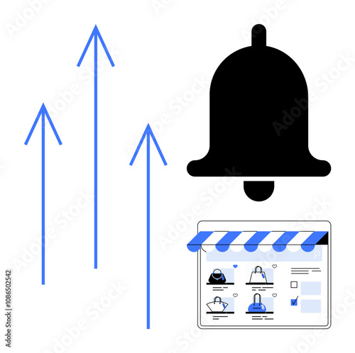 Large notification bell with upward blue arrows and online store interface, shopping elements. Ideal for e-commerce, marketing, digital growth, online shopping trends, notifications, business