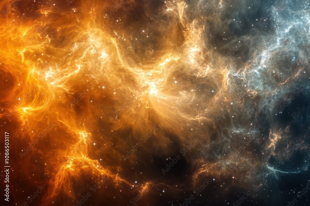 Abstract cosmic nebula with swirling orange and blue gas clouds. Abstract cosmic nebula with swirling orange and blue gas clouds.