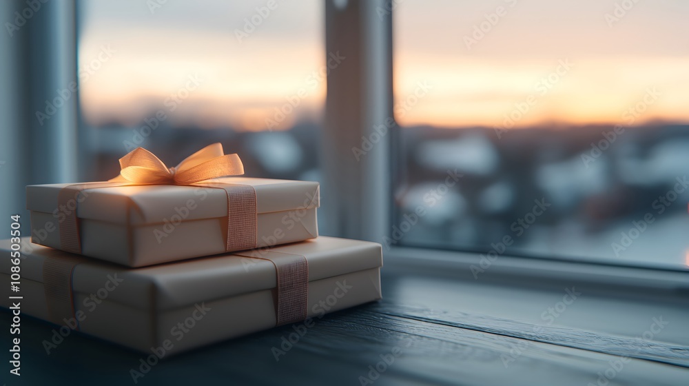 Softly Lit Gift Boxes by Window at Sunset Softly Lit Gift Boxes by Window at Sunset