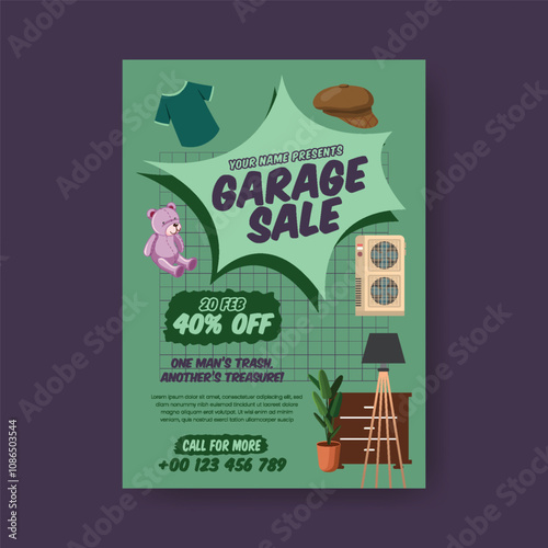 Modern Garage sale and Yard sale print flyer or poster template with hand drawn vintage furniture, interior elements illustration background, Garage sale leaflet, brochure cover concept illustration