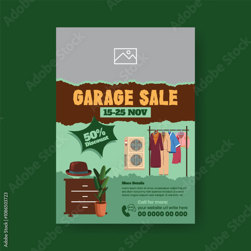 Promotional a4 print flyer or poster template for garage sale poster , yard sale poster, flea market flyer design with hand drawn vintage furniture, interior elements illustration  background