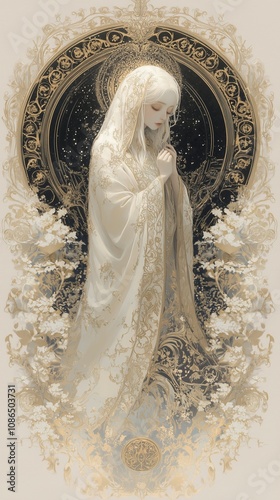 painting depicts an ethereal woman with golden hair, wearing flowing robes and a headscarf in the style of Art Nouveau. She stands before a background of circular gold symbols and futuristic architect
