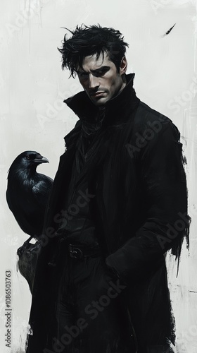 Man with Raven: A brooding man in blackة stands beside a crow perched on a weathered branch. The atmosphere is heavy with mystery and intrigue.