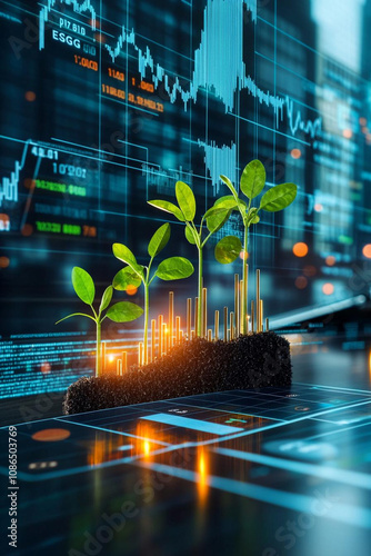 Digital presentation on ESG with growing plants and financial graphs, symbolizing sustainability and investment growth