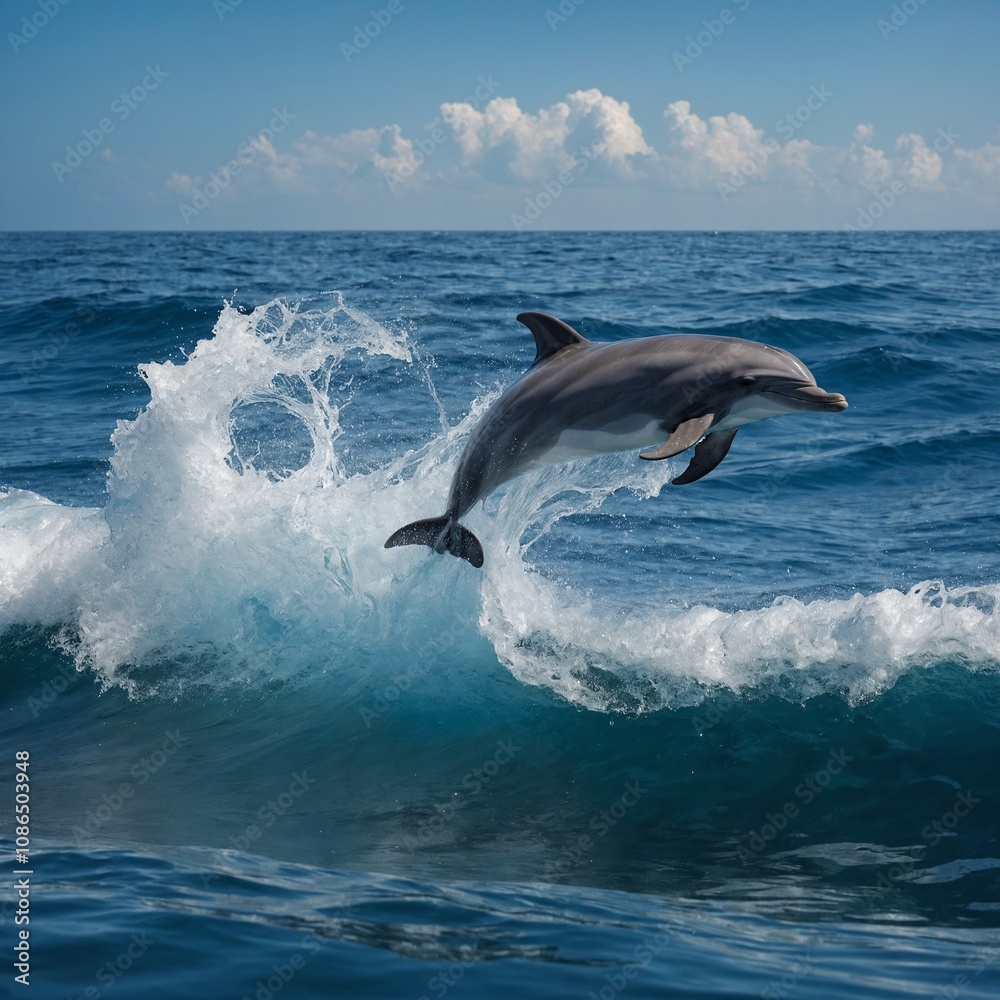 Fototapeta premium A dolphin leaping over a wave shaped like a crystal in a fantasy ocean.