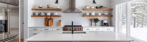 Modern farmhouse kitchen with sleek stainless steel appliances, floating shelves, and exposed beams, natural light illuminating white and wood finishes, warm and stylish