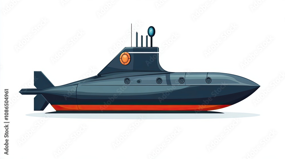 Side View of a Black and Red Submarine with Periscope Side View of a Black and Red Submarine with Periscope