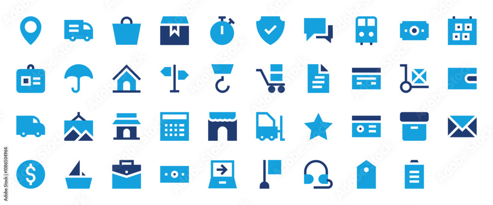 Shipping and Delivery set of blue icon. Location Pin, Shipping Truck, Handbag, Package, Shield, Chat, Stopwatch, Train, Cash, Calendar, Id Card, Umbrella, Home, Direction Sign vector illustration. Shipping and Delivery set of blue icon. Location Pin, Shipping Truck, Handbag, Package, Shield, Chat, Stopwatch, Train, Cash, Calendar, Id Card, Umbrella, Home, Direction Sign vector illustration.