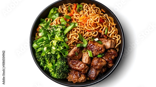 Top view chow mein bowl isolated on white background.