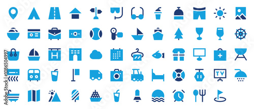 Tourism and travel set of blue icon. Home, Camp, Road, Direction sign, Snorkel, Glasses, Juice, Reception Bell, Shorts, Sun, Image, Ice cream, Pay card, Briefcase, Cash, Baseball vector illustration.