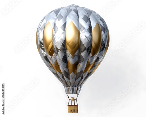 Radiant metallic silver and gold hot-air balloon with reflective patterns, isolated on transparent background for creative themes ,