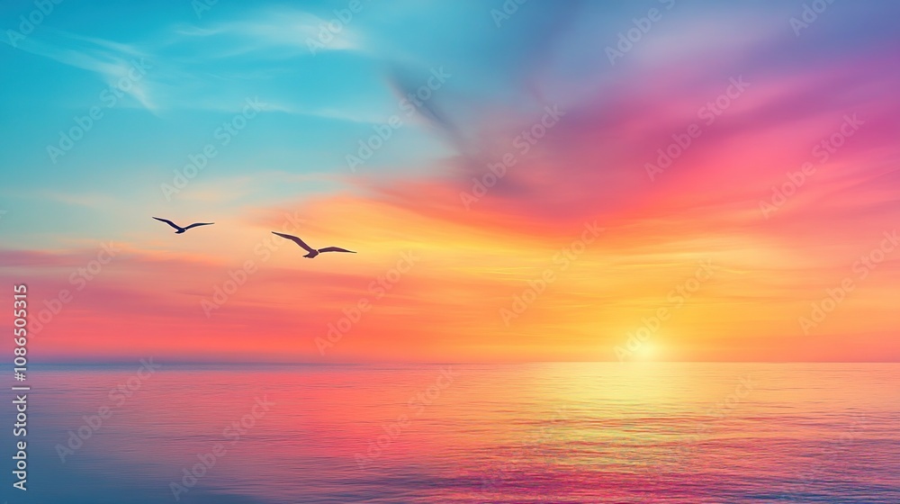 A serene sunset over calm waters, with birds flying against a colorful sky. A serene sunset over calm waters, with birds flying against a colorful sky.
