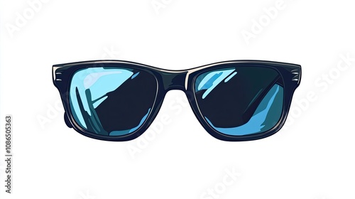 A pair of black sunglasses with blue tinted lenses