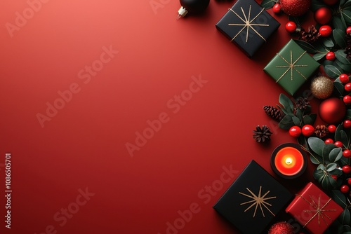 Red, black, and green Kwanzaa decoration concept. A festive arrangement of Christmas gifts, red and green ornaments, and natural decorations set against a rich red background photo