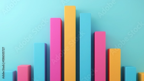 Business sales and algorithm concept. A colorful bar graph against a turquoise background, showcasing varying heights, symbolizing data analysis and visualization.