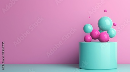 Business sales and algorithm concept. A vibrant 3D composition featuring pastel-colored spheres on a cylindrical pedestal against a pink background.