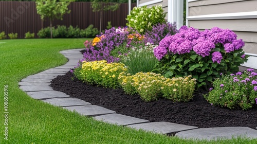 Fototapeta Naklejka Na Ścianę i Meble -  Landscaping Design, Curved Stone Pathway Surrounded by Lush Greenery and Vibrant Blooms