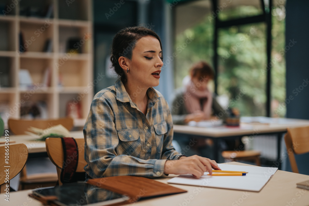 A focused student participates in class activities inside a cozy and inviting classroom setting, fostering an engaging learning experience. A focused student participates in class activities inside a cozy and inviting classroom setting, fostering an engaging learning experience.
