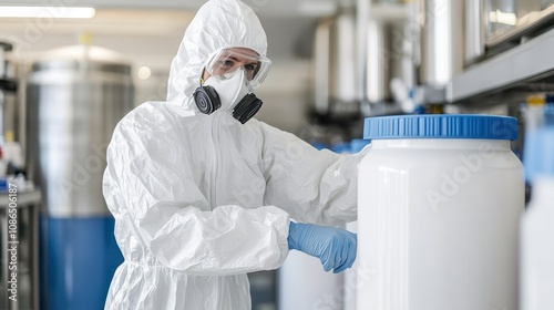 A masked worker in a protective suit manages large containers in a laboratory setting, emphasizing safety and cleanliness in a professional environment.