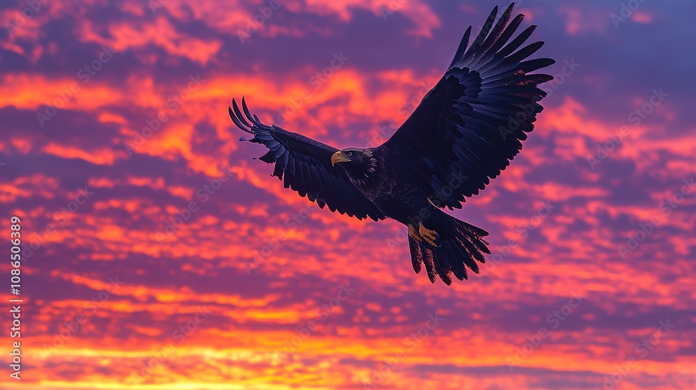 A majestic eagle soaring against a vibrant sunset sky filled with colorful clouds. A majestic eagle soaring against a vibrant sunset sky filled with colorful clouds.
