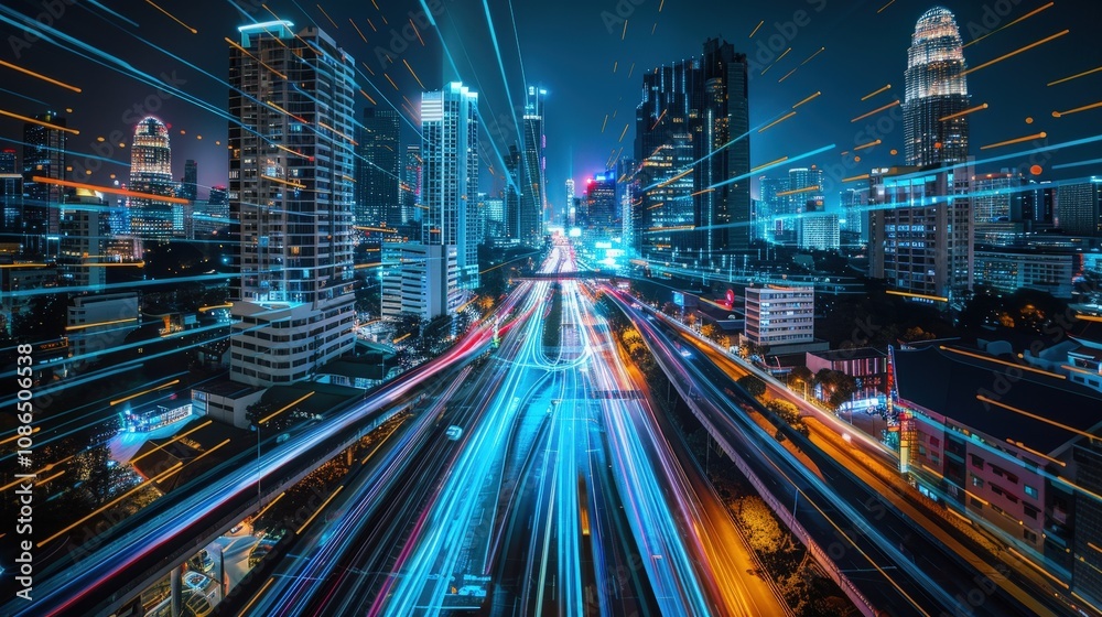 Fototapeta premium Dynamic Night Cityscape with Light Trails and Buildings
