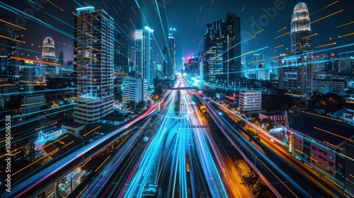 Dynamic Night Cityscape with Light Trails and Buildings photo