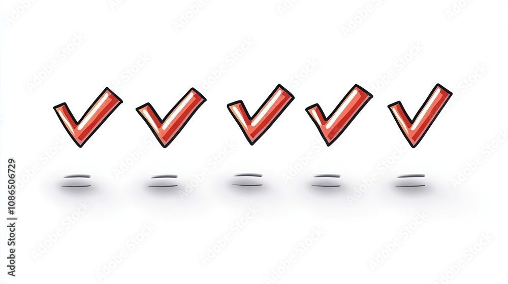 Five Red Checkmarks with Shadows on a White Background Five Red Checkmarks with Shadows on a White Background