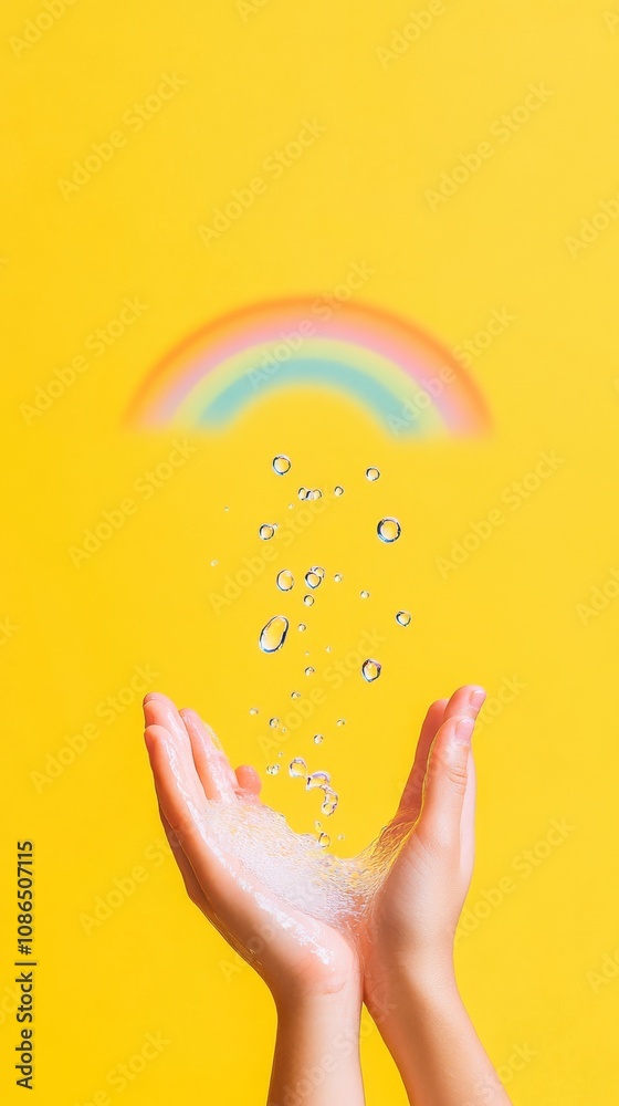 An empty scene featuring blank mockup template filled with a child-friendly cartoon of soap and water drops holding hands under a rainbow, celebrating National Handwashing Awareness Week, An empty scene featuring blank mockup template filled with a child-friendly cartoon of soap and water drops holding hands under a rainbow, celebrating National Handwashing Awareness Week,