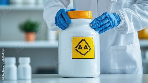A person in a lab coat holds a large container with a hazardous materials label, indicating chemical safety protocols in a laboratory setting.