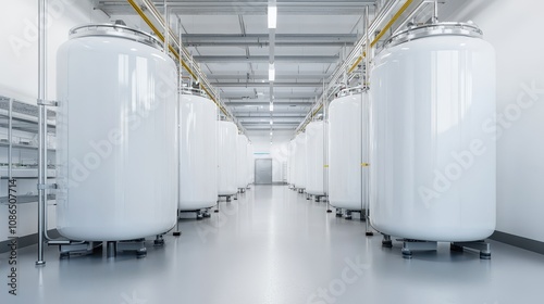 A modern facility featuring large white storage tanks lined up in a clean, spacious environment.